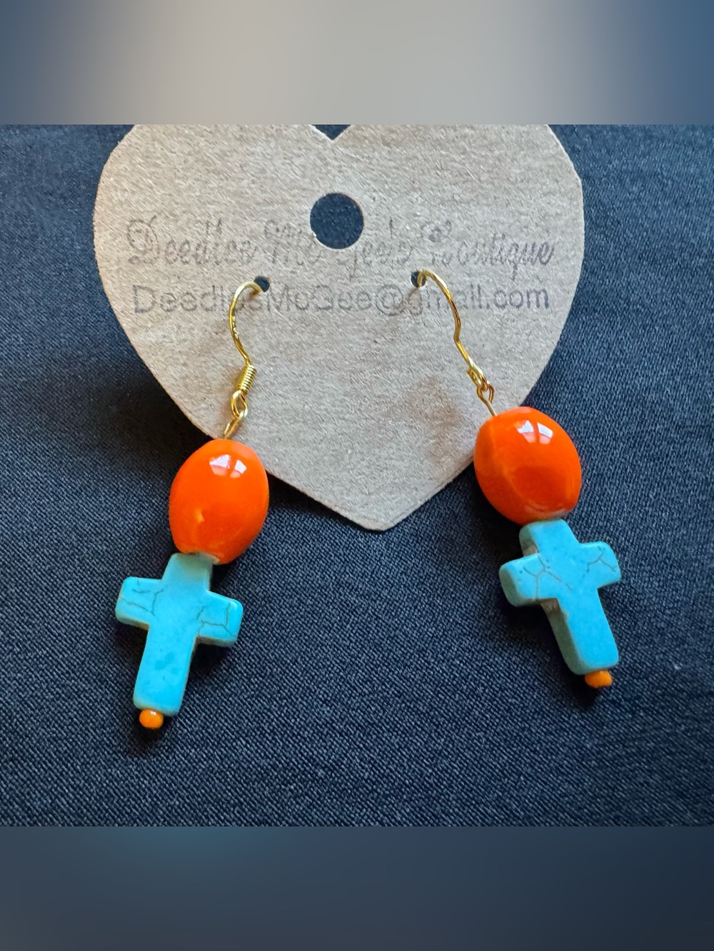 Handmade Turquoise Cross & Orange Bead Drop Earrings